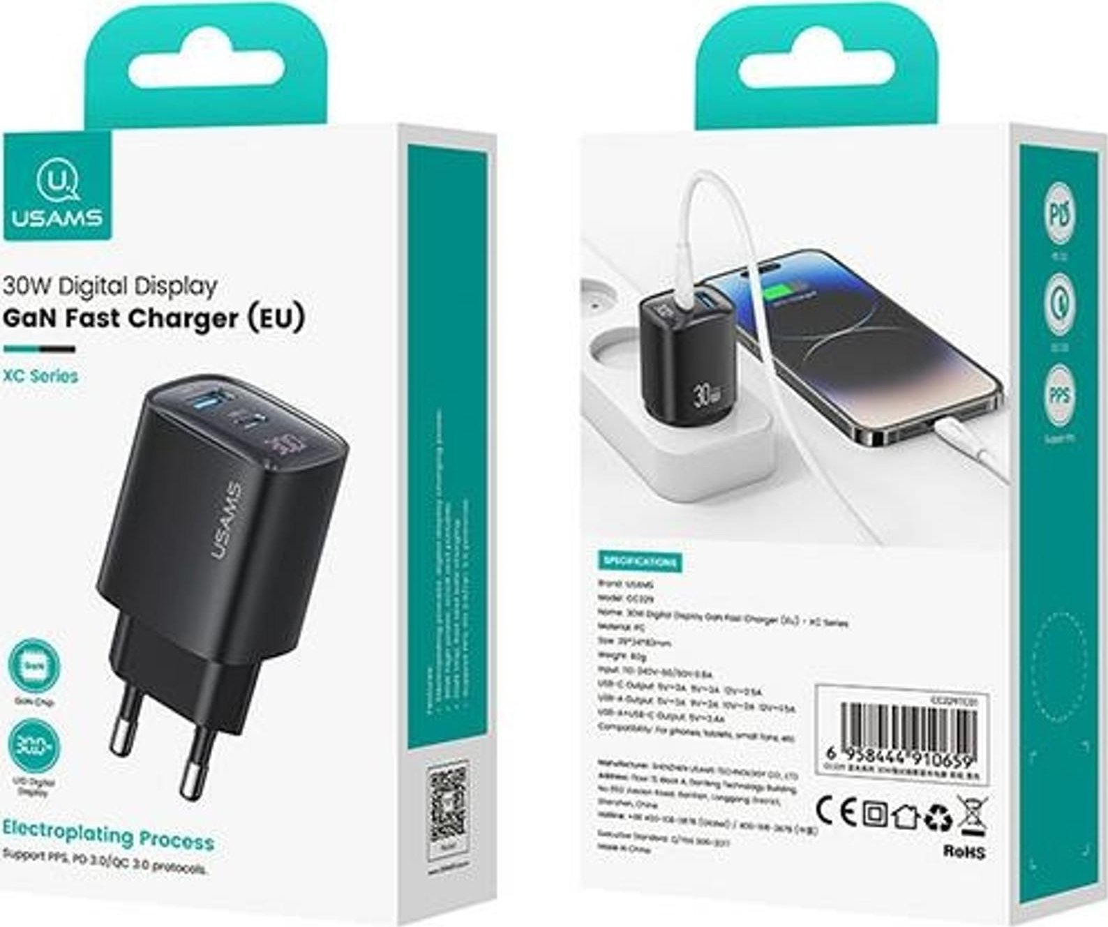 Karikues AC Usams CC229, 30W GaN, USB dhe USB C, i bardhë