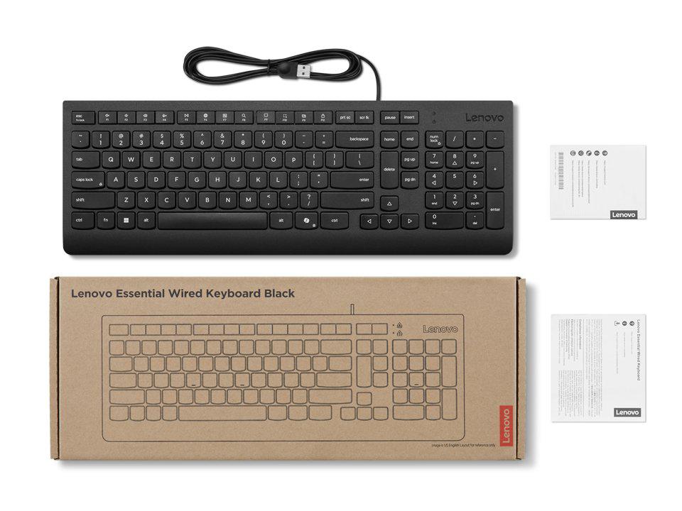 Tastierë Lenovo Essential Wired Keyboard, me kabllo USB, layout i plotë, e zezë
