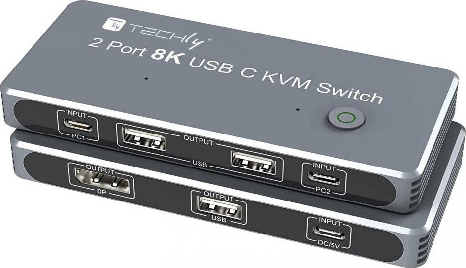 USB C KVM прекинувач Techly, DisplayPort 1.4 8K, 2x USB C, 3x USB 2.0, црн