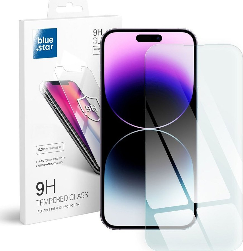 Mbrojtës ekrani Blue Star për iPhone 14 Pro, xham i temperuar 9H, ngjitje e plotë, i zi