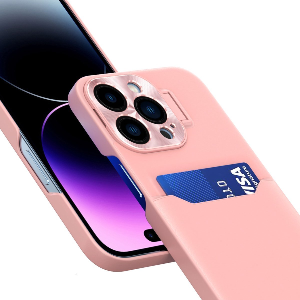 Kapak telefoni Hurtel Leather Stand Case për iPhone 14 Pro Max, me xhep për kartë, me mbajtëse, rozë