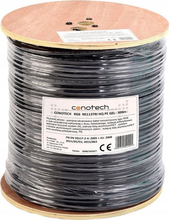 Kabllo koaksiale RG6 113 Cu PE Gel, Trishield, 300m, e zezë