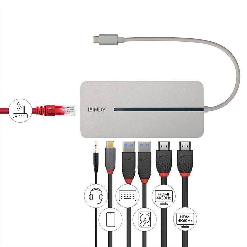 Docking station Lindy Dual 4K USB C 43360, 2x 4K 60Hz, Power Delivery 100W, gri