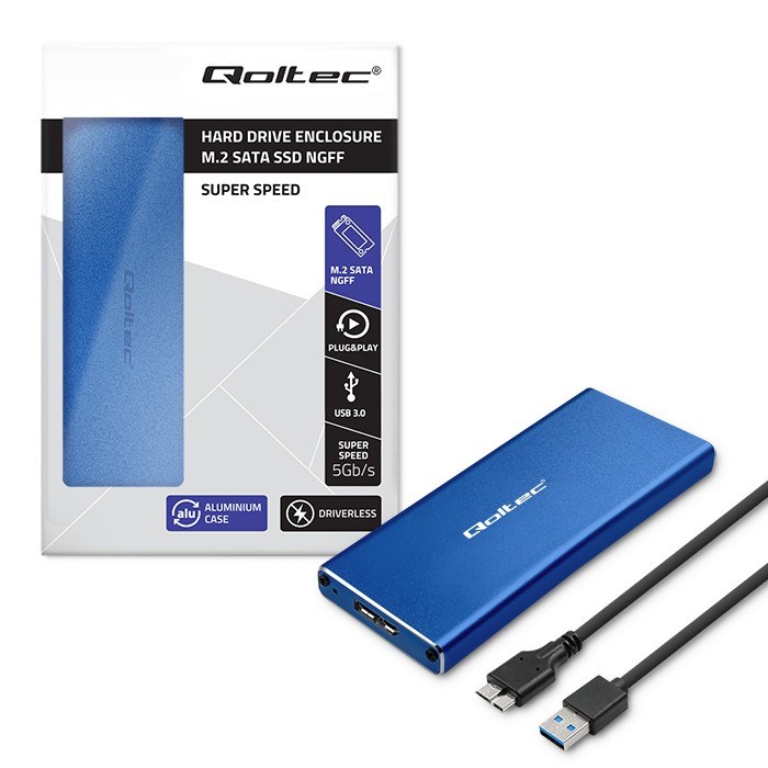 Kuti e jashtme Qoltec për SSD M.2 SATA NGFF, USB 3.0, 2TB, blu