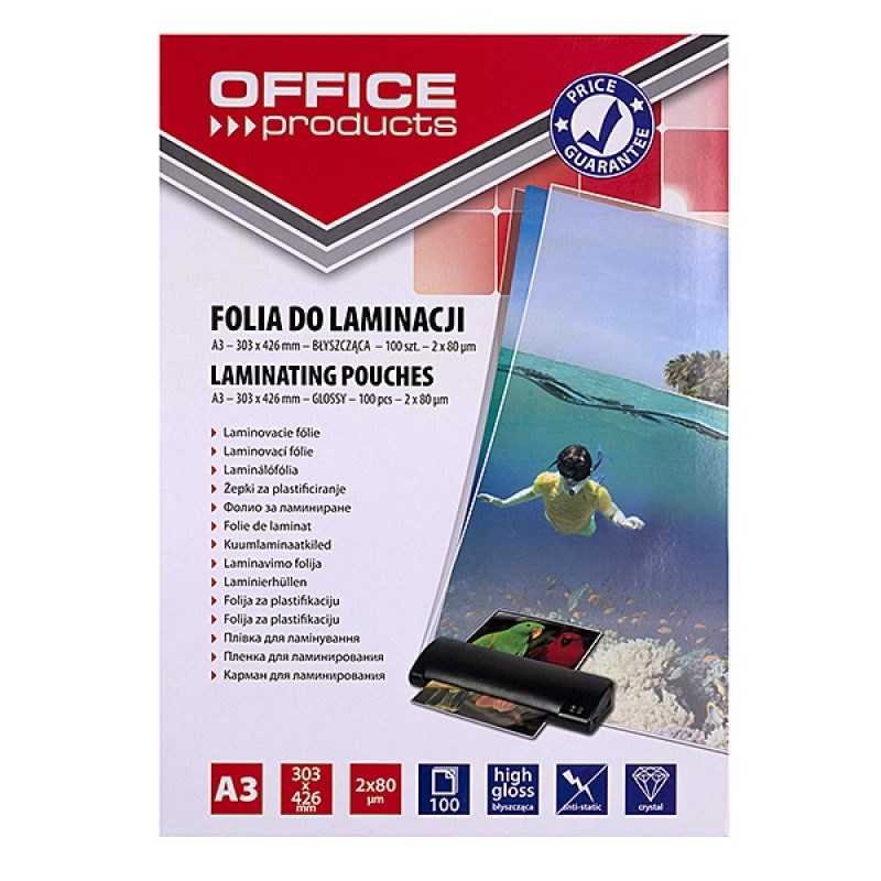 Fletë plastifikimi Office Products A3, 2x80 mikron, 100 copë, transparente