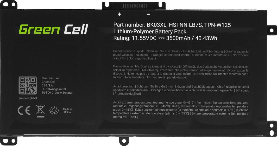 Bateri laptopi Green Cell BK03XL për HP Pavilion x360 14-BA, litium polimer, e zezë