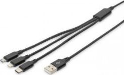 Kabllo karikimi Digitus AK-300160-010-S, USB-A në 3 në 1, 1m, e zezë