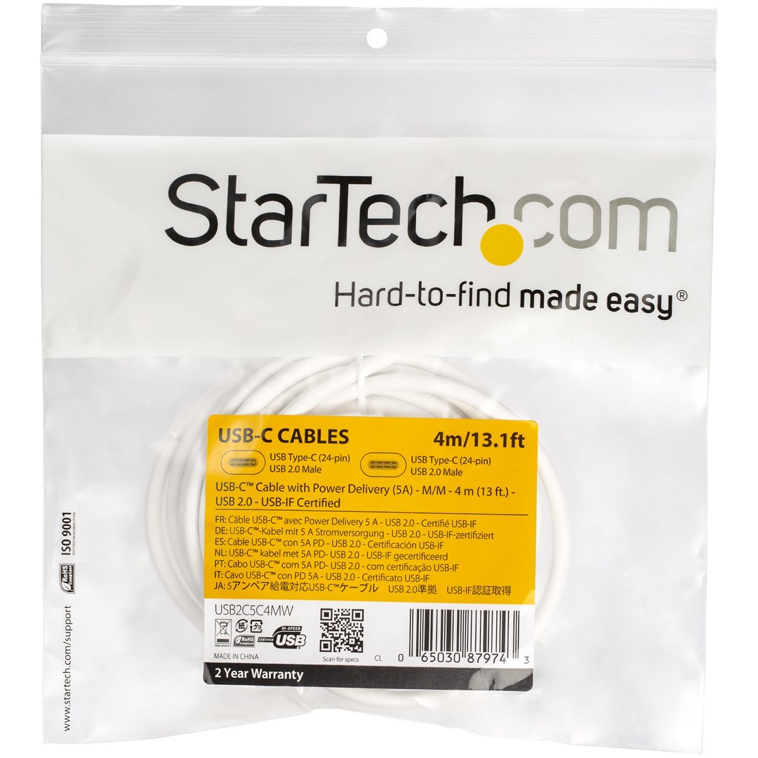Kabllo StarTech.com USB-C në USB-C, 5A PD, 4 m, USB 2.0, e bardhë