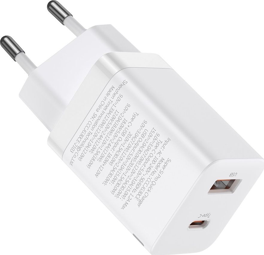 Полнач за мрежа Baseus Super Si Pro BSU2902WHT, 30W, 1x USB C 1x USB A, бел