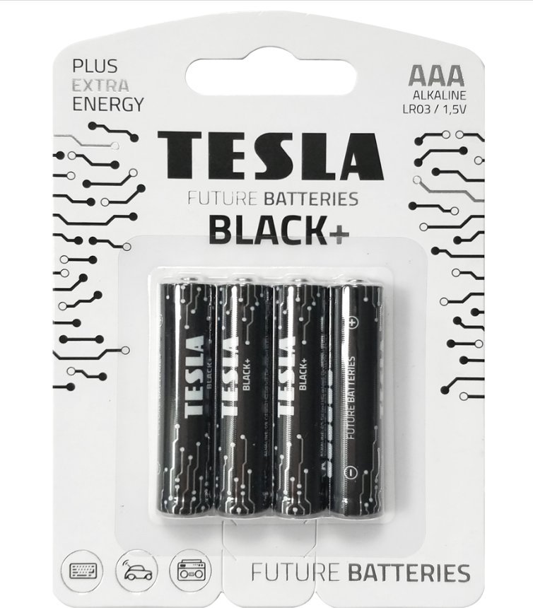Bateri alkaline Tesla Black+ AAA, paketim 4 copë, jetëgjatësi 10 vjet, të zeza