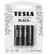 Bateri alkaline Tesla Black+ AAA, paketim 4 copë, jetëgjatësi 10 vjet, të zeza