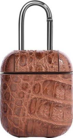 Mbrojtëse Devia Lux Series për AirPods, pamje lëkure krokodili, me karabinë magnetike, kafe