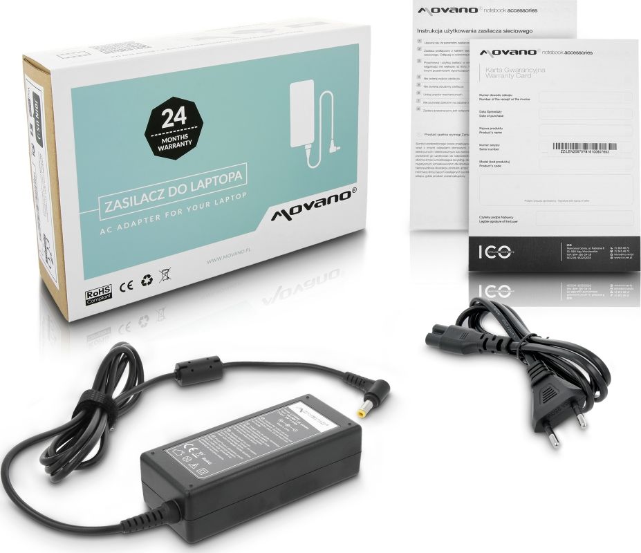 Karikues laptopi Movano 65W, 19V 3.42A, spinë 5.5 x 2.5 mm, i zi