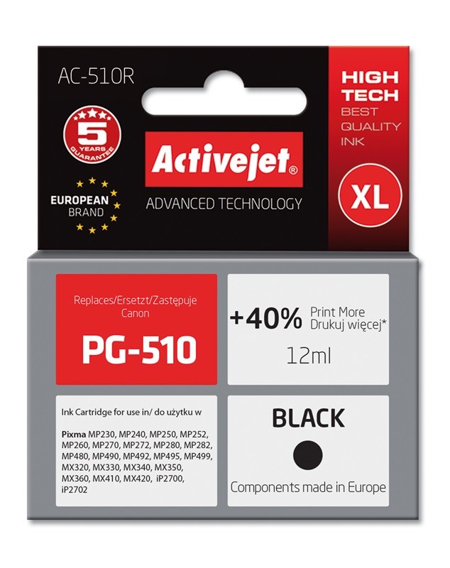 Ngjyrë për printer Activejet AC-510R (zëvendësim për Canon PG-510), 12 ml, e zezë