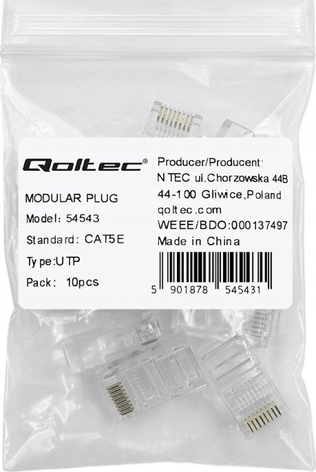Konektor RJ45 Qoltec Through Plug CAT5e, UTP, Pass Through, 10 copë