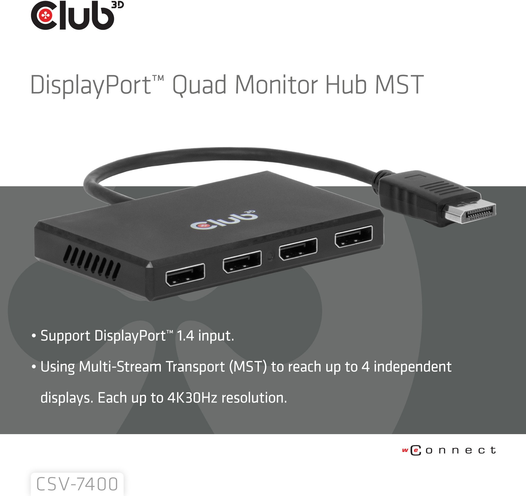 HUB Club 3D CSV-7400, DisplayPort në 4x DisplayPort MST, 4K 30Hz, i zi