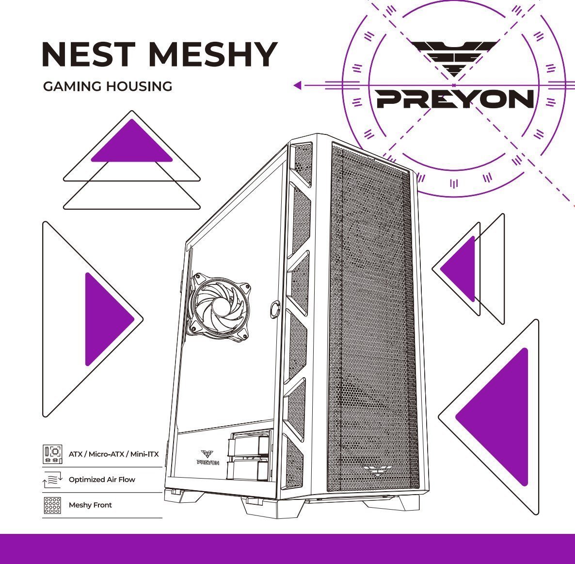 Set kasë kompjuteri PREYON Nest Meshy PRENM02B me furnizues EAGLE POWER GOLD 1000W, ATX, xham i temperuar, i zi