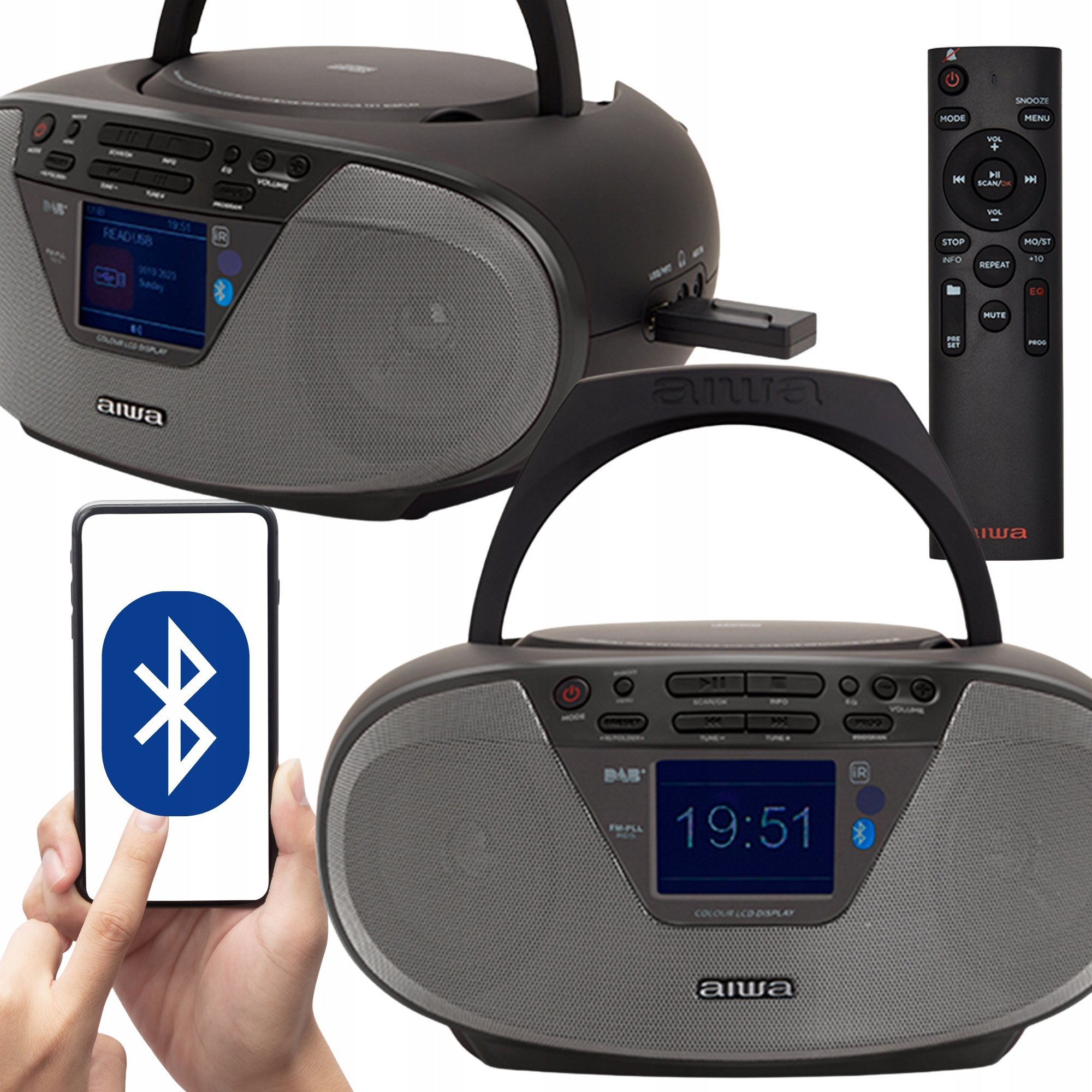 Radiokasetofon portativ Aiwa Black Boombox, CD USB Bluetooth, radio DAB FM, i zi
