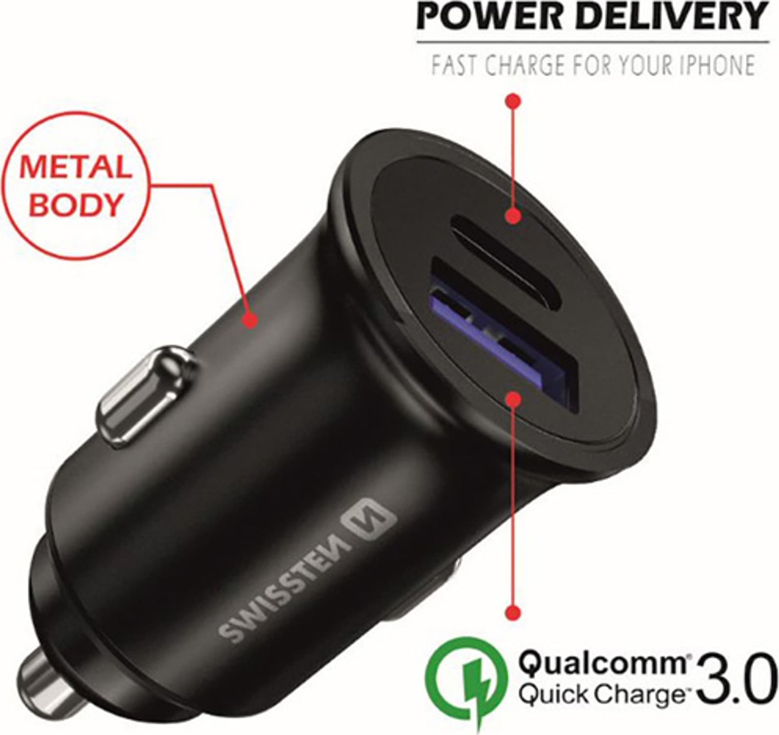 Полнач за автомобил Swissten CL адаптер, USB-C Power Delivery, Quick Charge 3.0 36W, црн металик