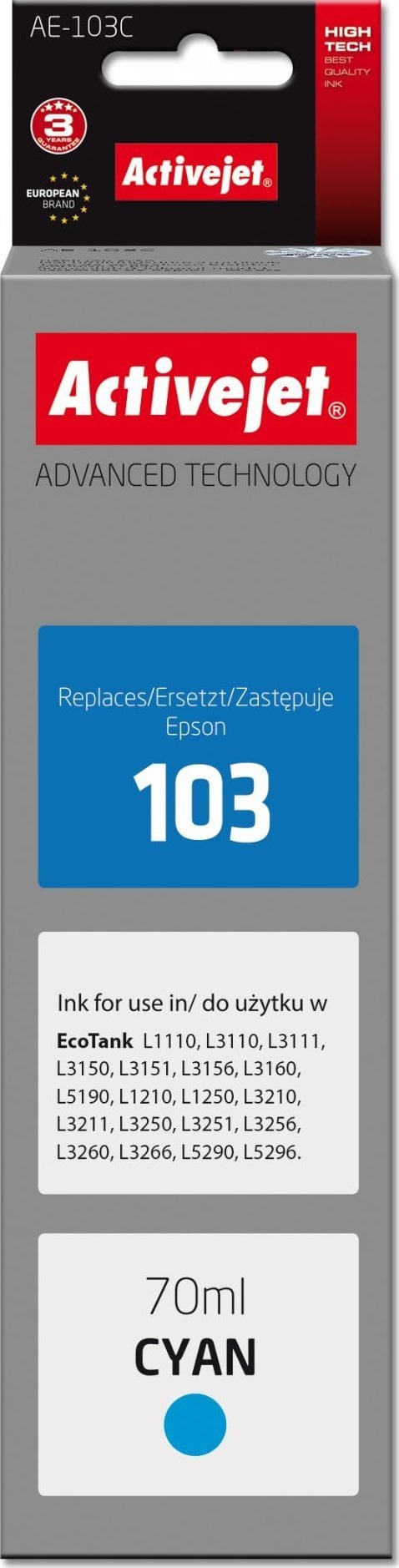 Ngjyrë për printer Activejet AE-103C (zëvendësim për Epson 103 C13T00S24A), 70 ml, e kaltërt (cyan)