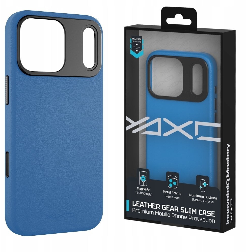 Mbulesë telefoni YAXO Leather Slim Case për iPhone 17 Pro, kompatibil me MagSafe, lëkurë eko, blu