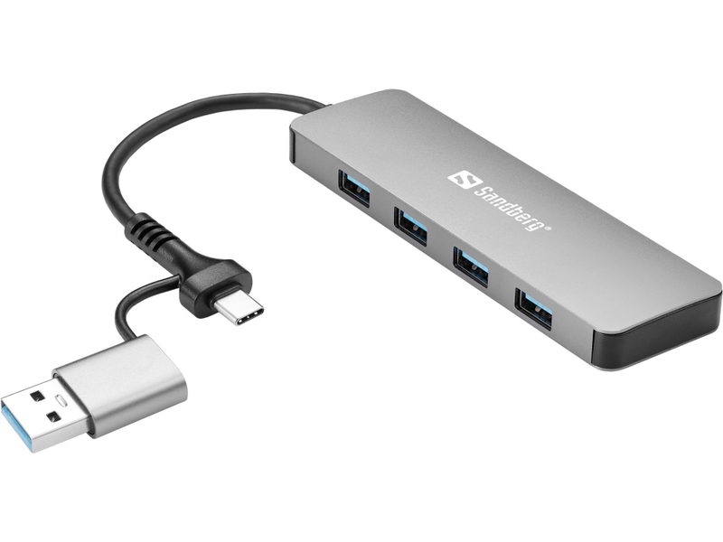 Hub USB Sandberg USB C dhe USB A në 4xUSB 3.0, alumin, gri