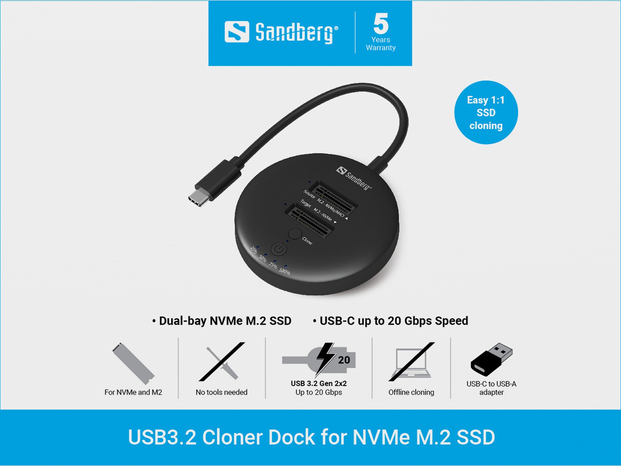 Dok bazë për SSD Sandberg USB 3.2 Cloner Dock, për NVMe M.2, USB C 20 Gbps, i zi