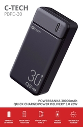 Power Bank C-tech PBPD-30, 30000mAh, QC/PD 3.0, e zezë