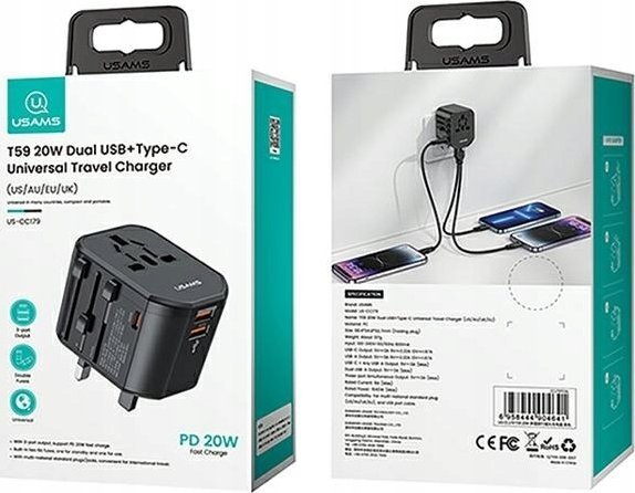 Karikues udhëtimi Usams T59, adapter 4 në 1, 20W, 2xUSB 1xUSB C, i bardhë