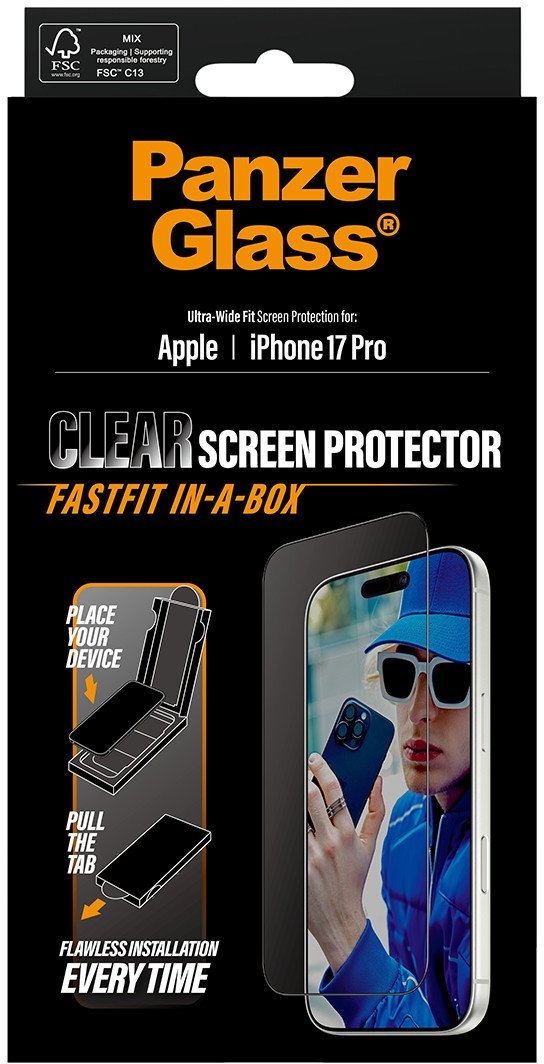 Mbrojtëse ekrani PanzerGlass për iPhone 17 Pro, Ultra-Wide Fit, FASTFIT in-a-BOX, transparente
