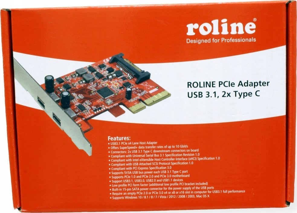 Адаптер USB Ролине PCIe x4, 2x USB C, 10 Gbps, low profile