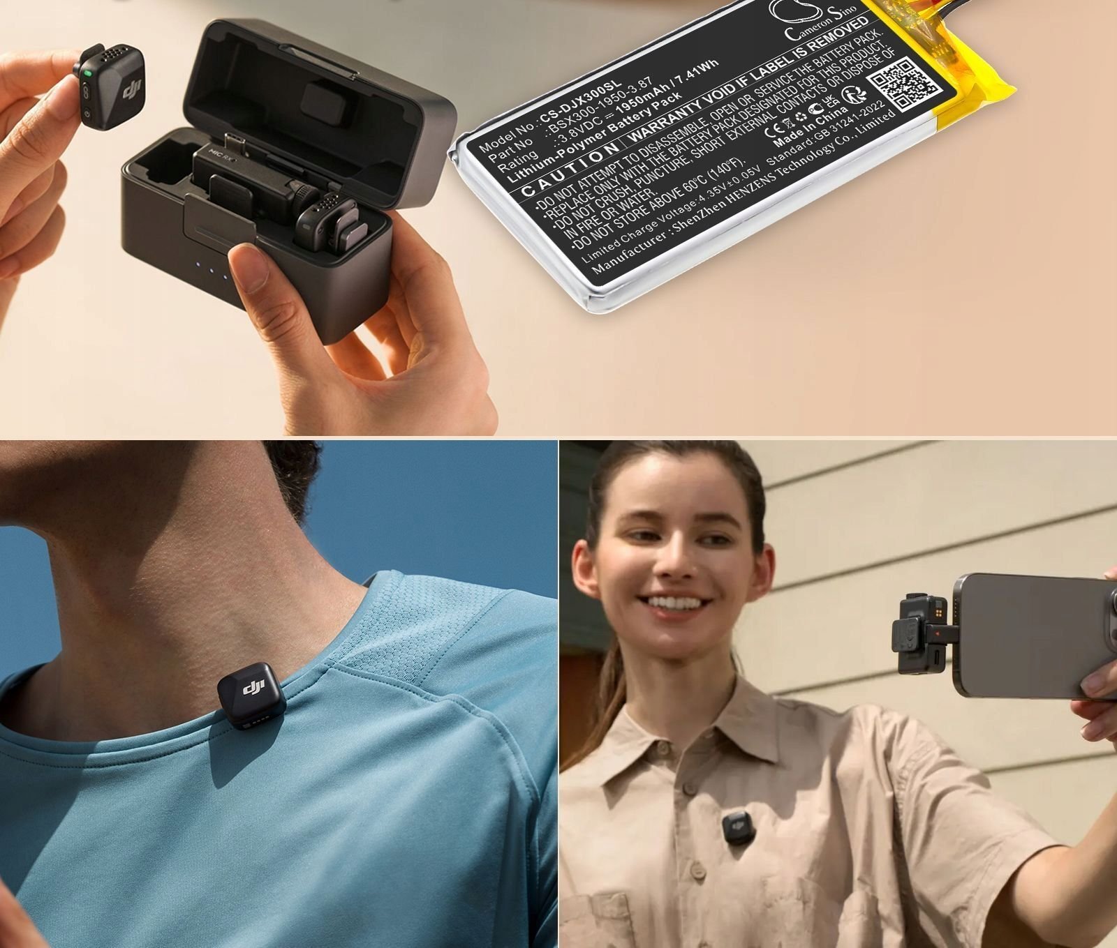 Bateri Li-Polymer për mikrofon DJI MIC Mini, 3.8V, 1950mAh, e zezë
