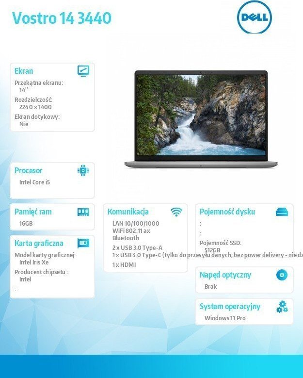 Laptop Dell Vostro 3440, 14",Intel Core i5-1335U, 16GB RAM, 512GB SSD