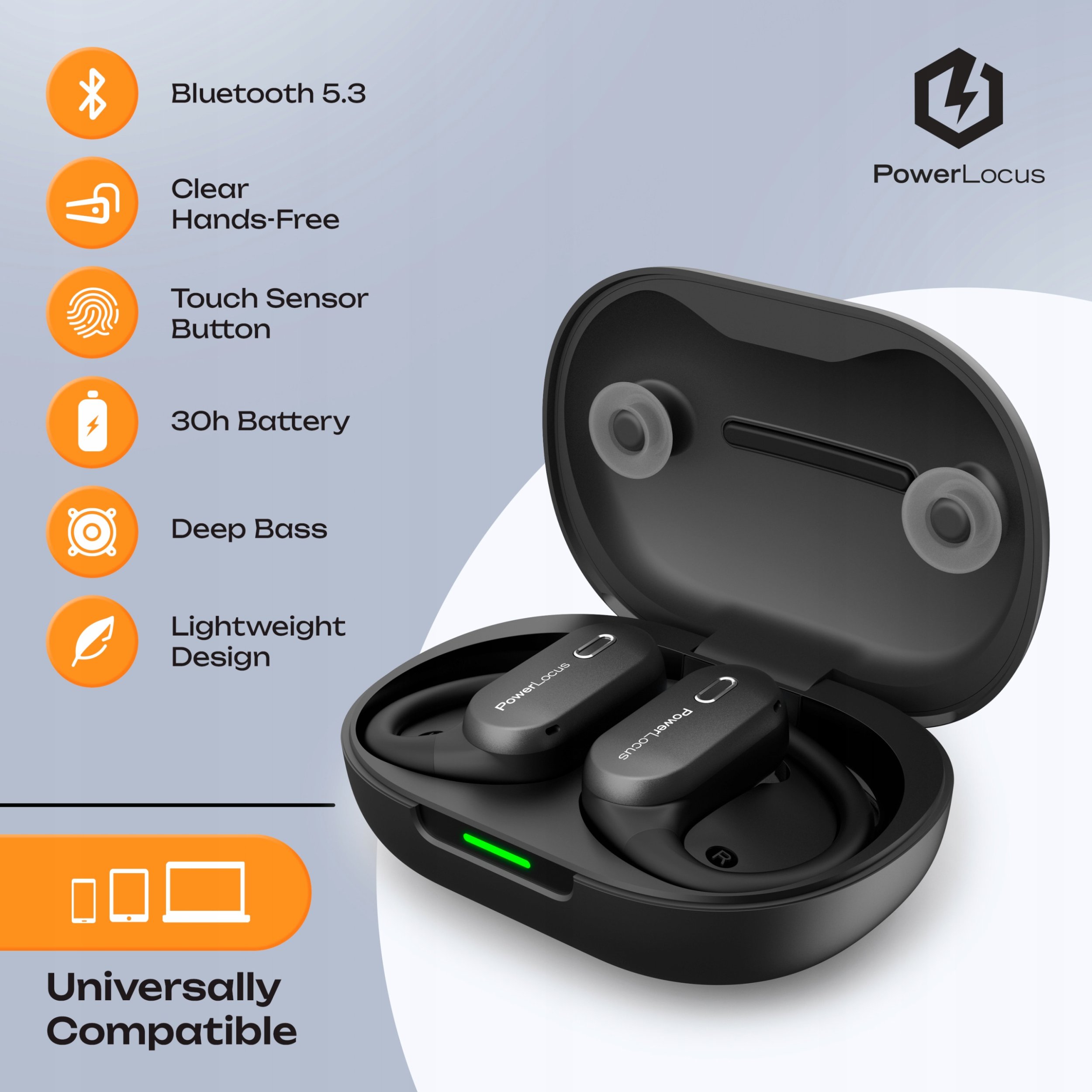 Kufje pa tela PowerLocus Move Open Ear, Bluetooth, 30 orë bateri, të zeza