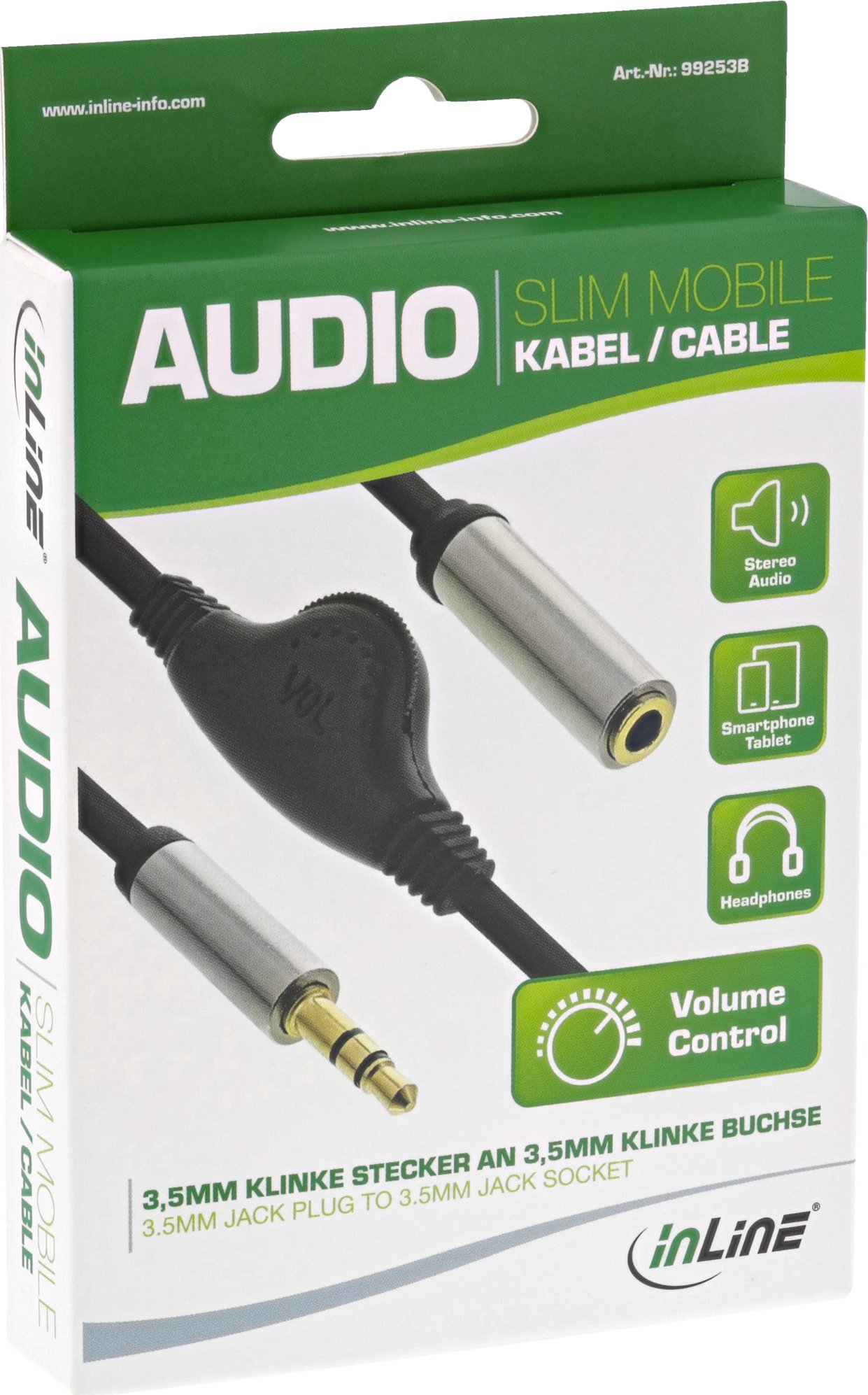 Kabllo audio InLine Jack 3.5mm mashkull në femër, 0.25m, e zezë