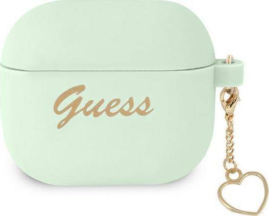 Kuti mbrojtëse Guess Silicone Charm Heart Collection për AirPods 3, silikon, me varëse dekorative, e gjelbër