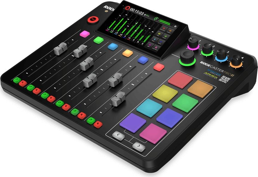 Mikser audio Rode Rodecaster Pro II, studio regjistrimi, ekran me prekje, i zi