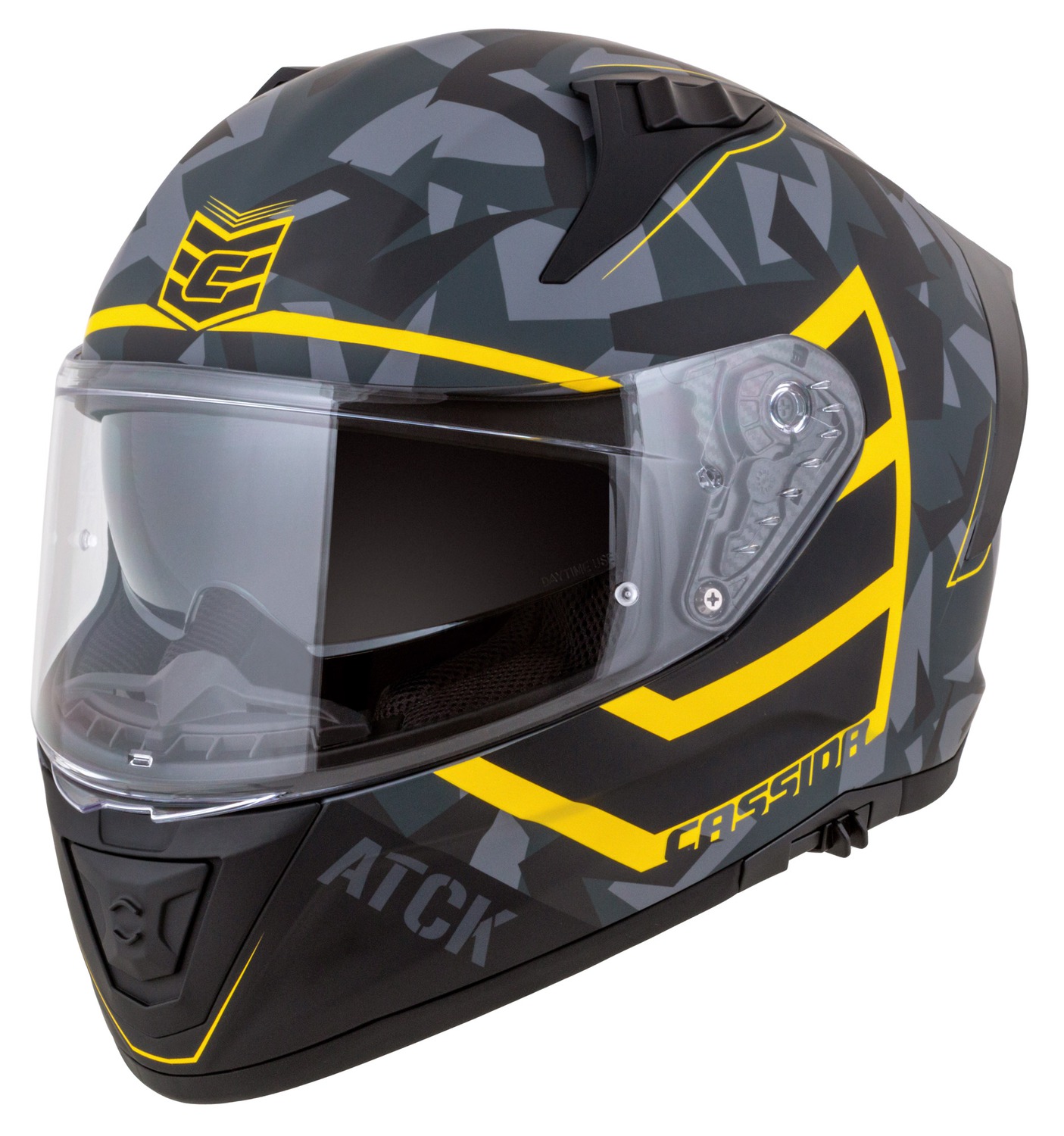 Helmetë moto CASSIDA Aero ATCK, integrale, polikarbonat, gri kamuflazh e zezë e verdhë neon
