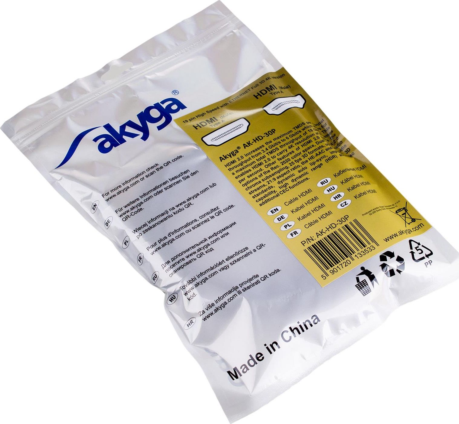 Кабел HDMI Akyga AK-HD-30P, 3m, 4K, сребрена боја