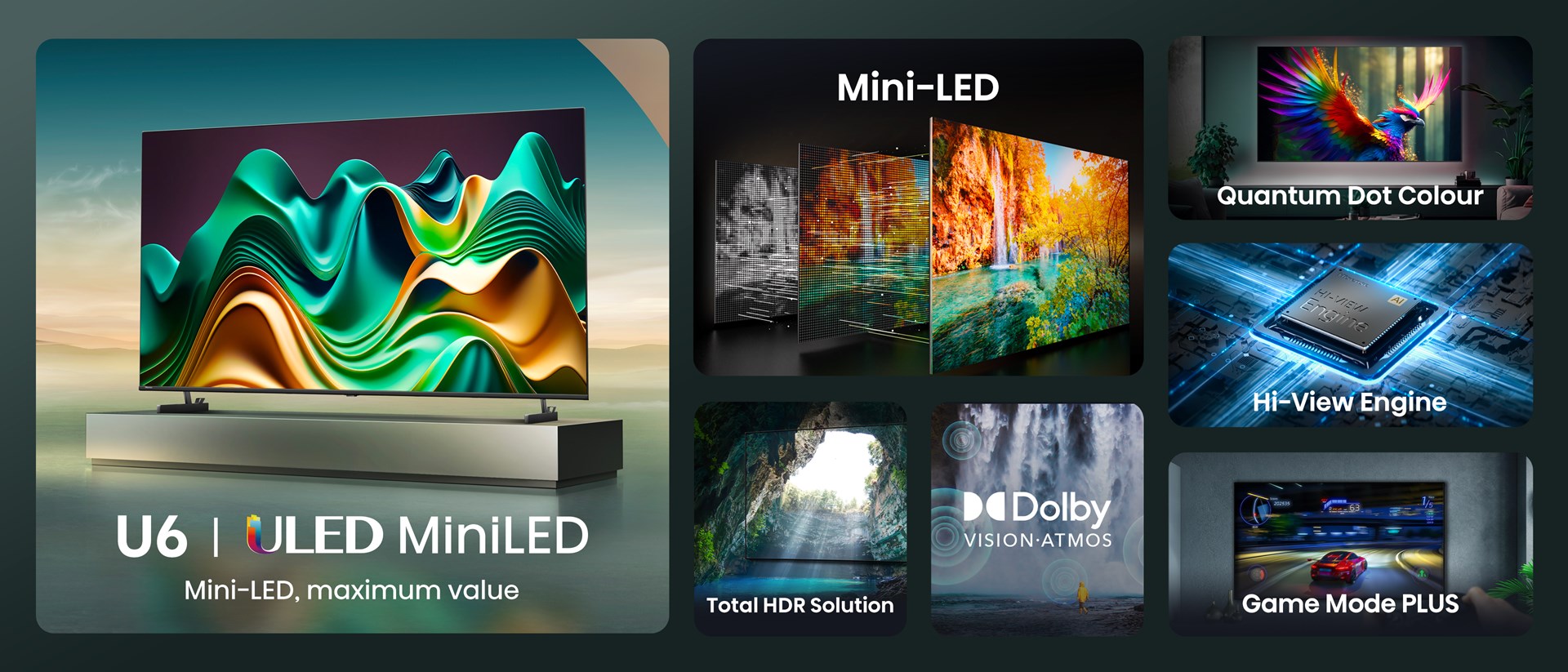 Televizor Hisense 65U6NQ, 65”, Mini-LED, 4K, i hirtë i errët