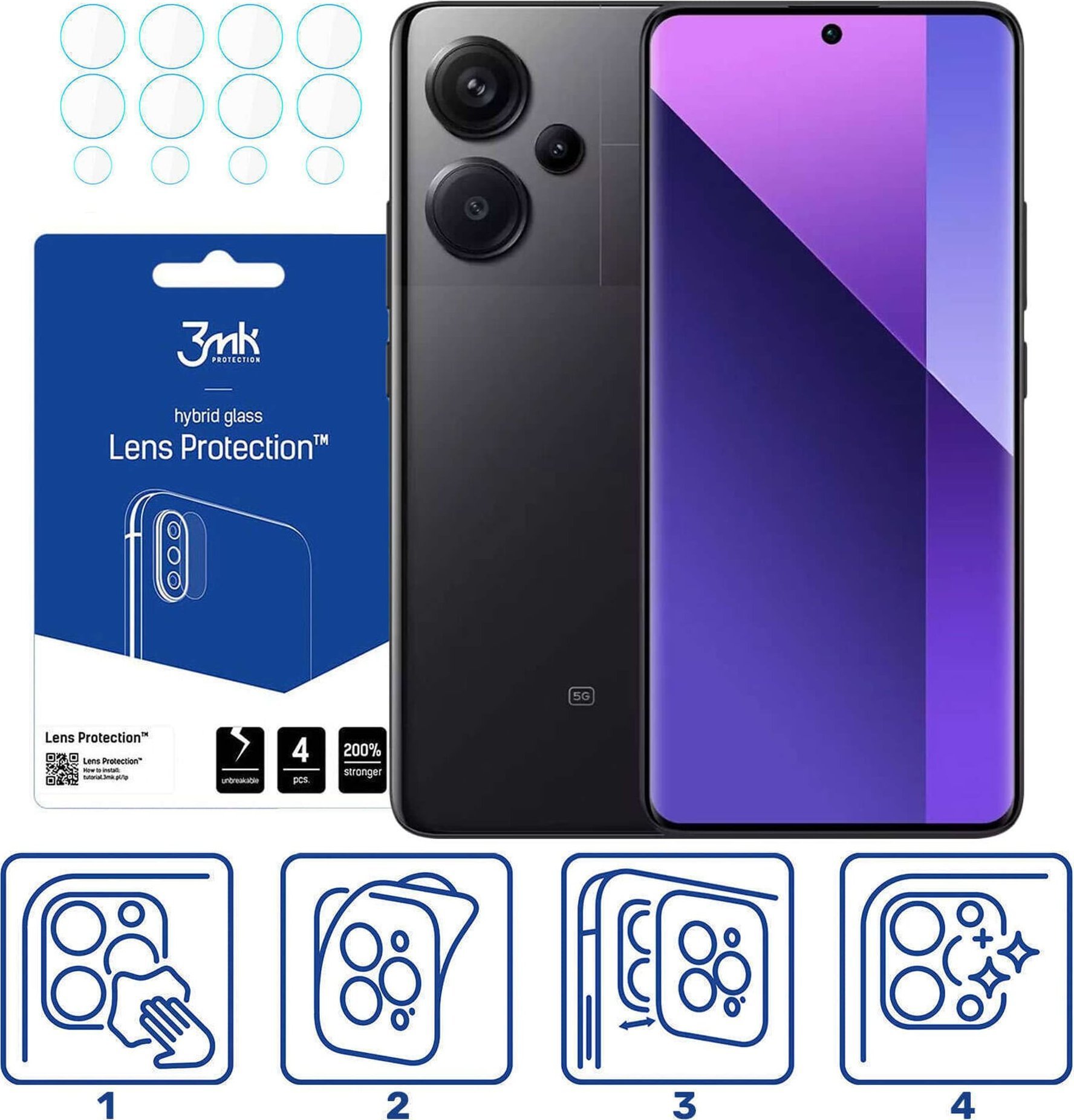 Mbrojtës kamere 3mk Lens Protection për Xiaomi Redmi Note 13 Pro Plus 5G, xham hibrid 7H, 0.2 mm, transparent