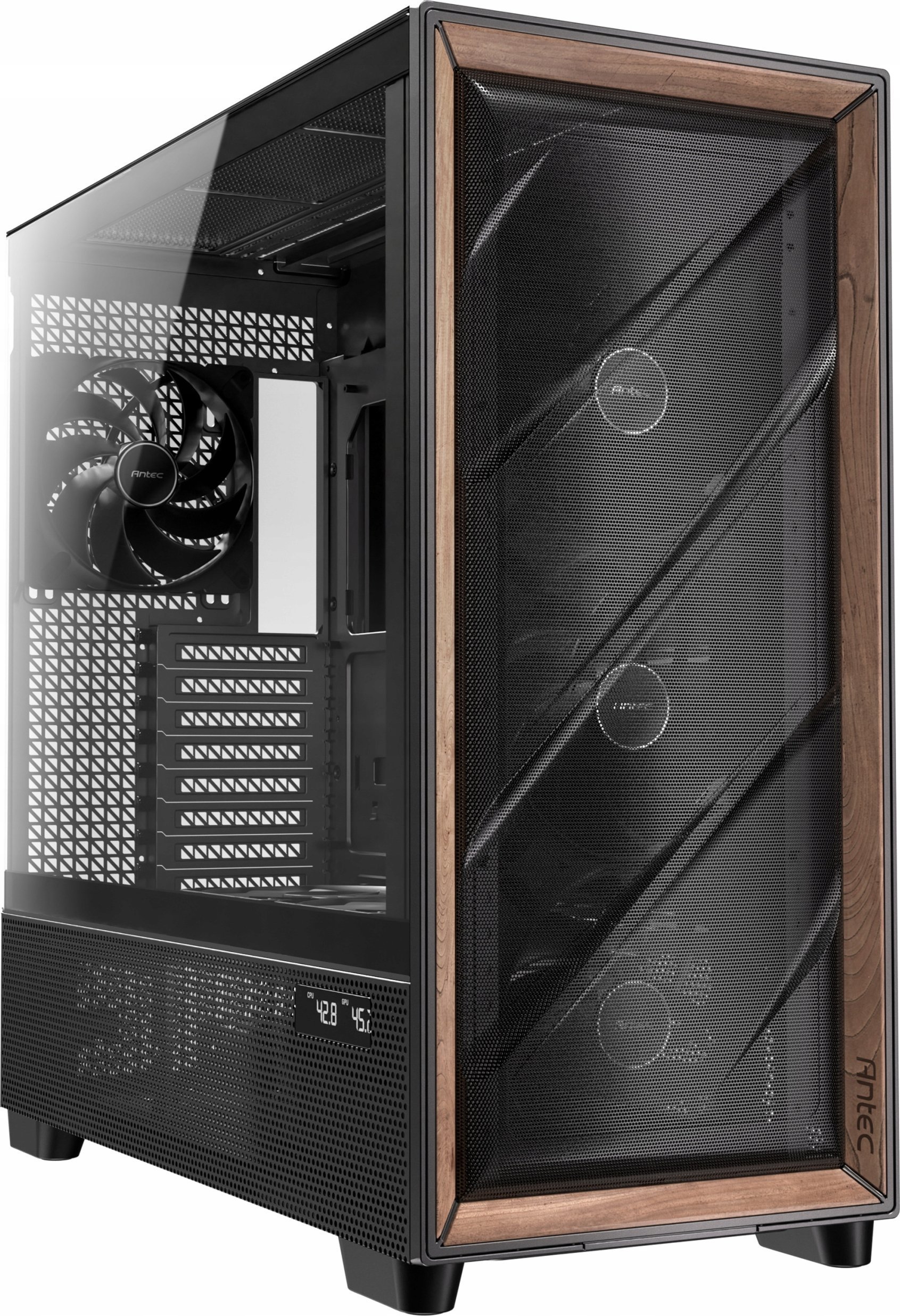 Kuti kompjuteri Antec FLUX PRO EUV, Full Tower, me ekran temperature, e zezë me dru