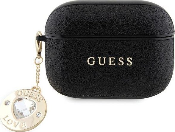 Mbështjellës Guess GUAP2PGEHCDK për AirPods Pro 2, me shkëlqim dhe zemër dekorative, i zi