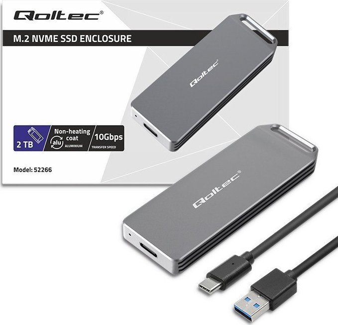 Kuti e jashtme Qoltec Mini për SSD M.2 NVMe, USB 3.1 10Gb/s, alumini, e zezë