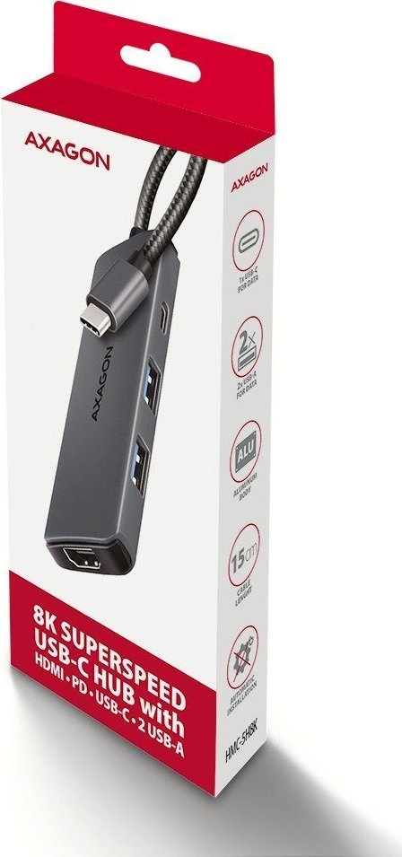 USB HUB Axagon HMC-5H8K, 2x USB-A, 1x USB-C, HDMI 8K, PD 100W, gri