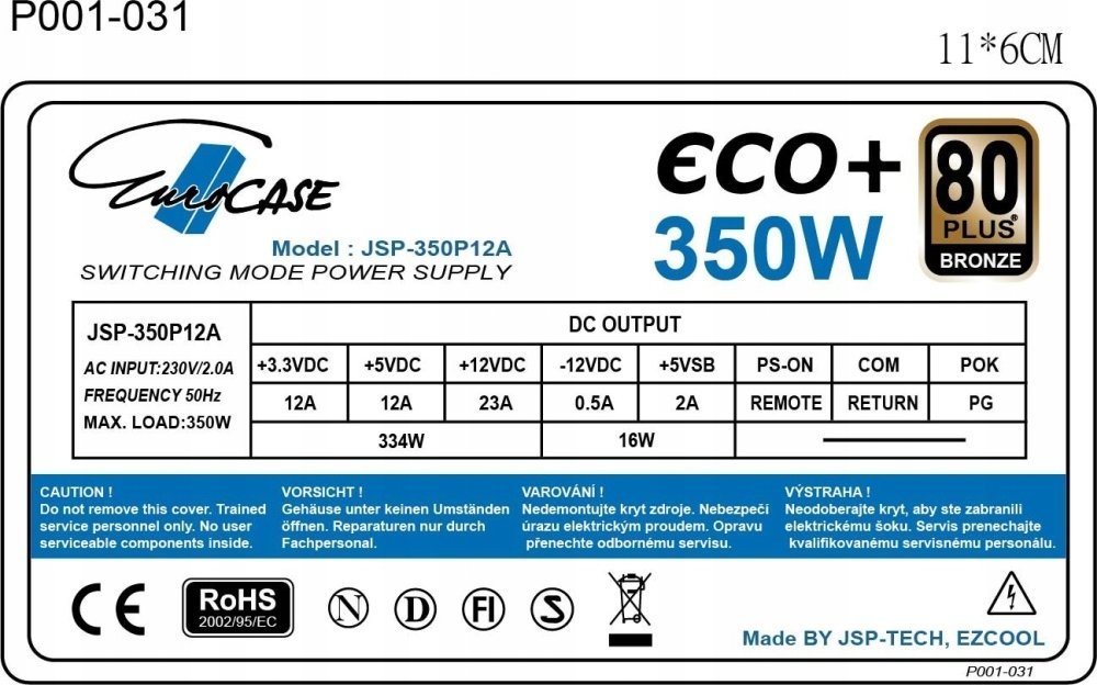 Furnizues rryme EUROCASE Eco+, 350W, 120mm, 80 Plus Bronze, ATX