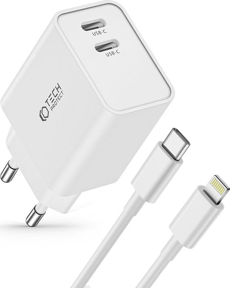 Karikues rrjeti Tech-Protect C35W, 35W PD, 2 porta USB-C me kabllo Lightning 1m, i bardhë