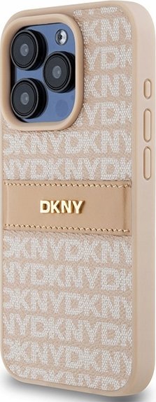 Маска за телефон DKNY PU Leather Repeat Pattern Tonal Stripe, за iPhone 15 Pro, розова