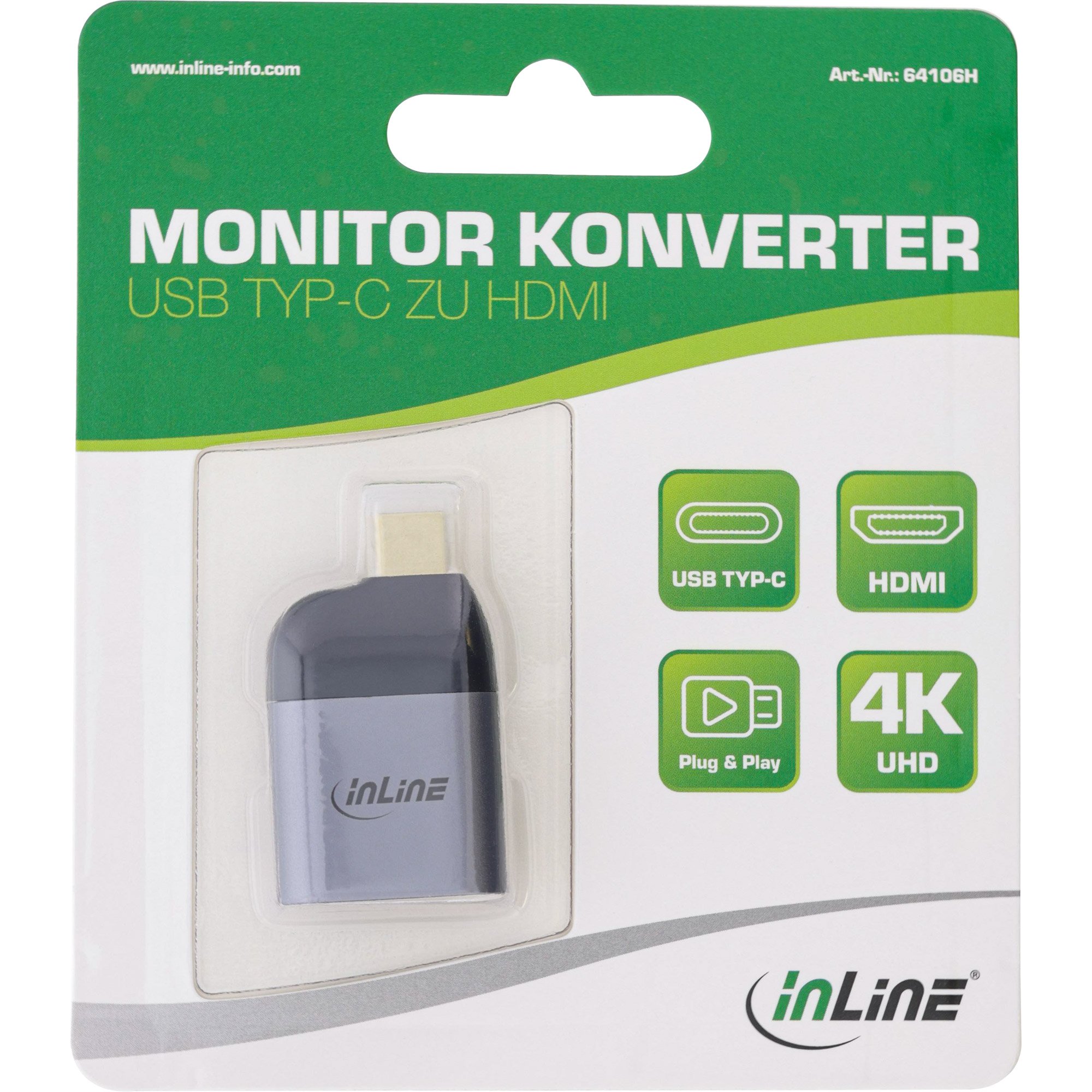 Adapter USB InLine Display Converter, USB Type-C në HDMI, 4K 60Hz, gri