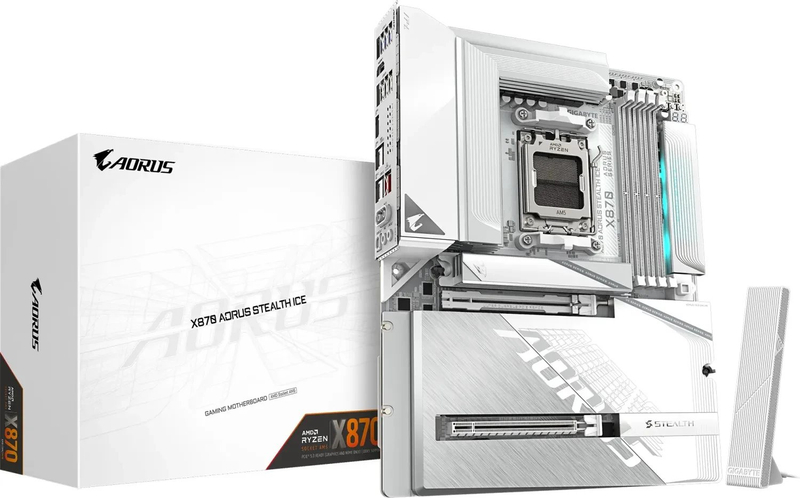 Motherboard GIGABYTE X870 AORUS STEALTH ICE, AMD Ryzen 9000, DDR5, PCIe 5.0, e bardhë
